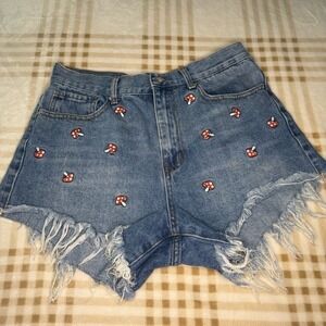 Simple Society Mushroom Embroidered Denim Shorts High Waisted Frayed Hem Blue 29